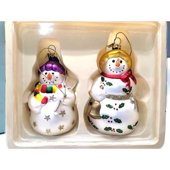 PartyLite Other - Partylite Snowman Glass Christmas Ornaments Snowbell Boy & Girl Set